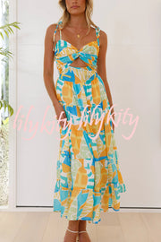 Unique Printed Suspender Tie Back Pleated Midi Dress