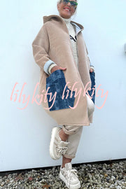 Soft and Warm Zipper Denim Pocket Long Sleeve Hooded Midi Sweatshirt Coat