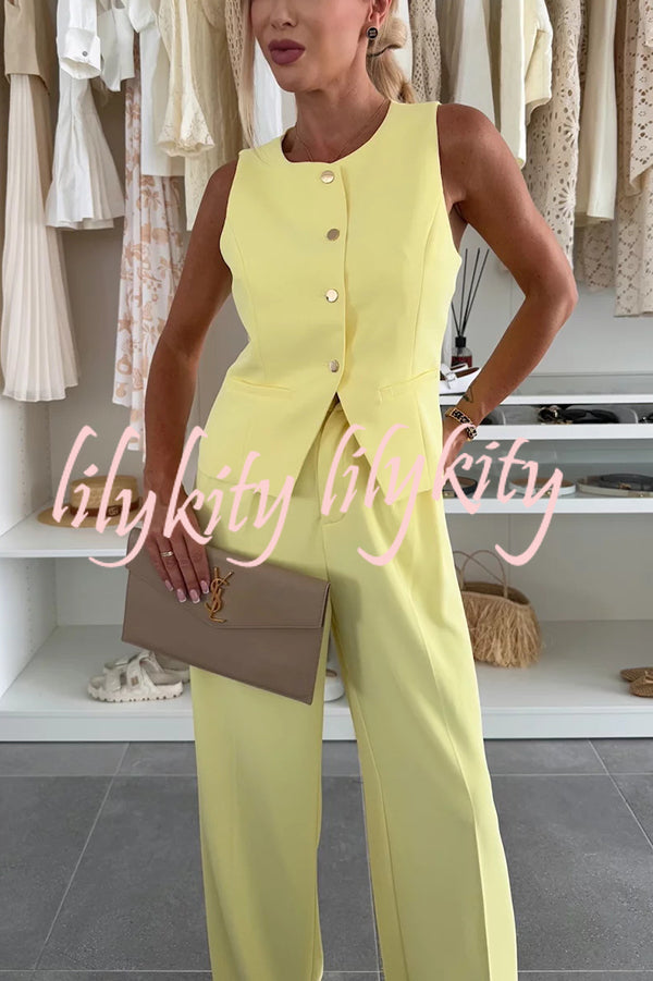 Workplace Chic Sleeveless Button Vest and Relaxed Pocket Wide Leg Pants Set