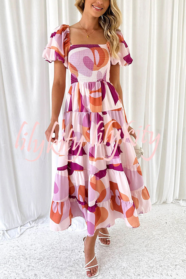 Petal Princess Unique Print Smocked Waist Puff Sleeve Midi Dress