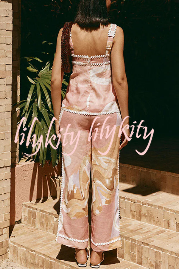 European Summer Linen Blend Ric Rac Trims Unique Print Button Tank