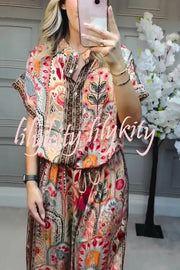 Unique Printed Loose Short-sleeved Top and Elastic Waist Casual Wide-leg Pants Set