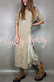 Solid Color Knitted Long-sleeved Casual Slit Midi Dress