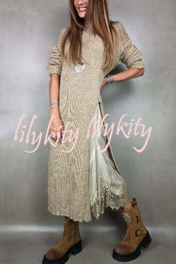 Solid Color Knitted Long-sleeved Casual Slit Midi Dress