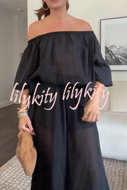 Comfortable Area Chiffon Off Shoulder Balloon Sleeve Top and Elastic Waist Knotted Bloomer Set