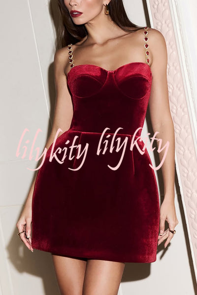 Harley Luxurious Velvet Fabric Jewel-embellished Shoulder Straps Pocket Tulip Mini Dress