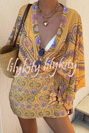 Mumbai's Flower Unique Print Batwing Sleeve Wrap Tie-up Boho Mini Dress