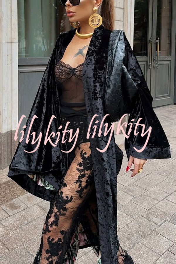 Gorgeous Glossy Velvet Long Bell Sleeve Tie-up Pocket Midi Kimono Coat