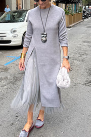 Jollie Knit Long Sleeve Front Slit Midi Sweater and Pleated Tulle Stretch Tank Midi Dress Two-piece Set