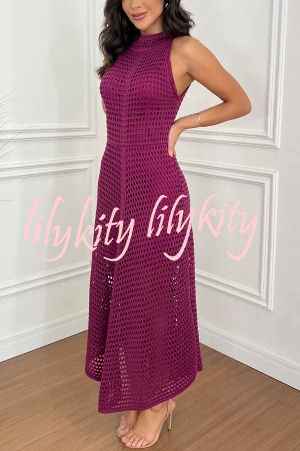 Violet Crochet Knit Round Neck Texture A-line Maxi Dress