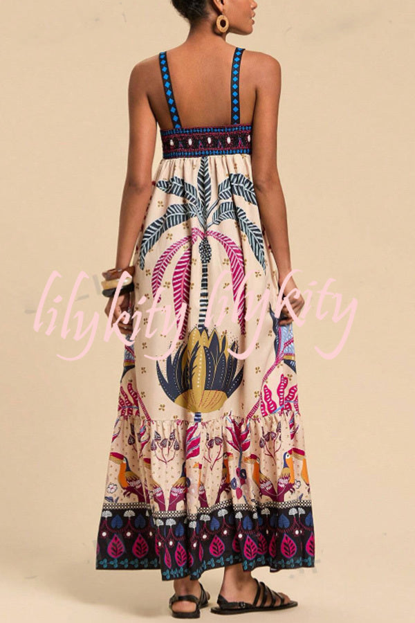 Bohemian Tropical Print Backless Casual Resort Maxi Dress