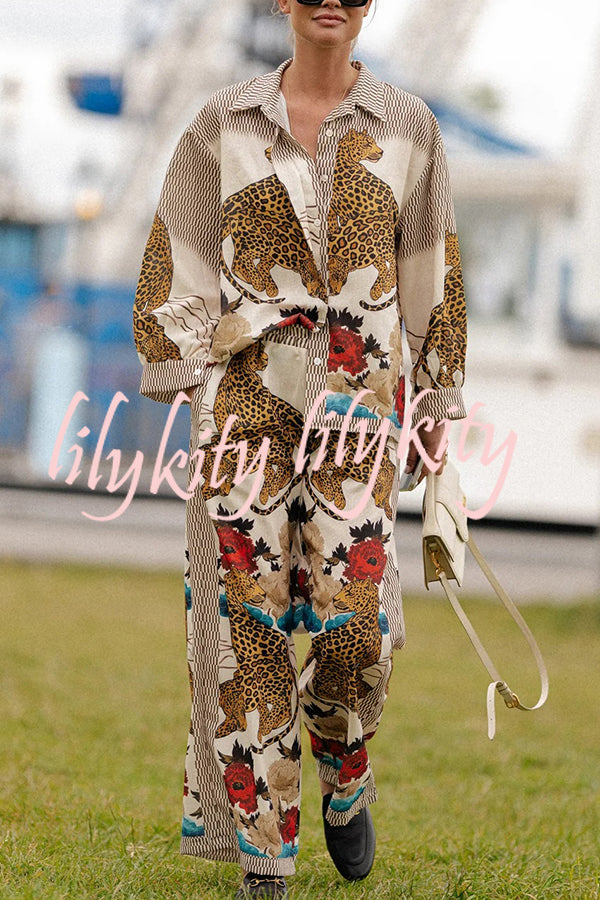 Exotic Leopard Flower Patchwork Print Button Down Oversized Blouse