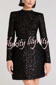 Edie Sequin High Neck Long Sleeve Satin Bow Belted Tulip Mini Dress