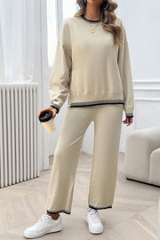 Home Casual Contrasting Color Knitted Sweater and Elastic Waist Loose Pants Set