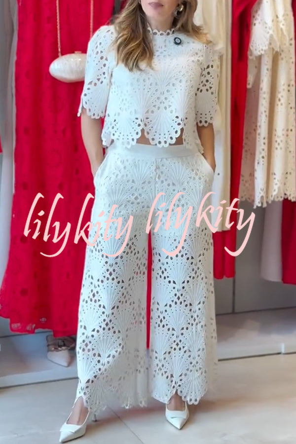 Eliose Scallop Cutout Embroidery Lace Short Sleeve Loose Top