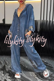 Fashion Loose Hooded Leopard Print Pocket Top and Casual Wide-leg Pants Set
