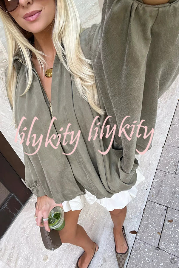 Fashion Lapel Loose Puff Long Sleeve Casual Zipper Jacket