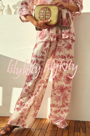 Linen Blend Botanical Print Loose-fitting Top and Elastic Waist Wide-leg Casual Pants Set