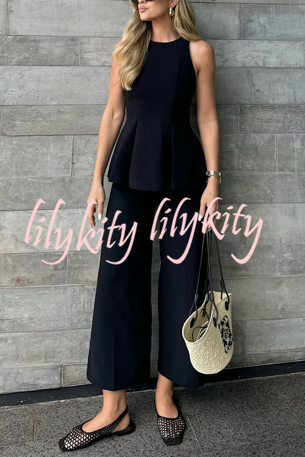 Solid Color Round Neck Sleeveless Casual Top and Loose Straight Pants Set