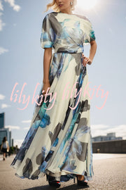 Unique Printed Bohemian Short-sleeved One-shoulder Maxi Dress