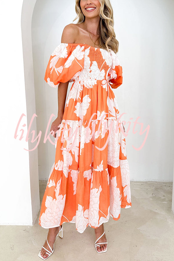 Unique Floral Print Patchwork Lace Up Pleated Maxi Dress