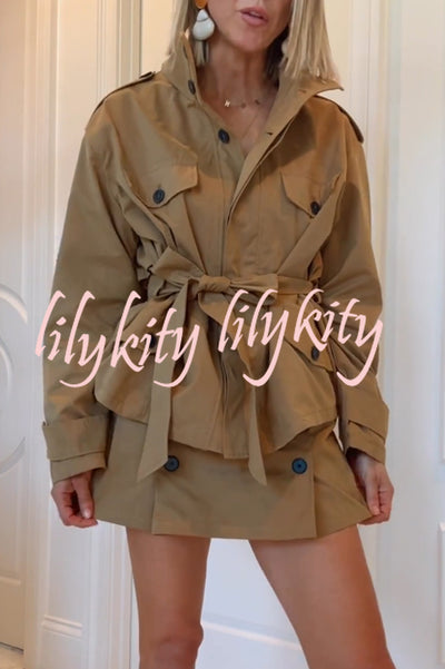 Chic Comfort Epaulettes Contrast Buttons Pocket Belt Cropped Trench Coat