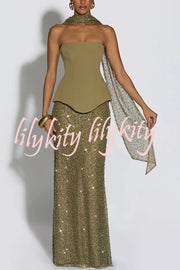 Oakley Corset Strapless Top and Sequin High Rise Maxi Skirt Scarf Set