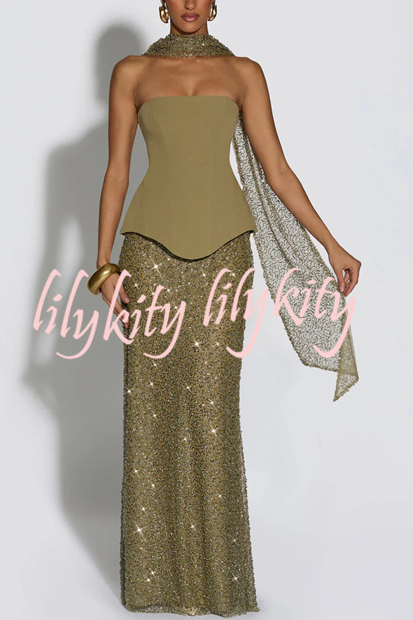 Oakley Corset Strapless Top and Sequin High Rise Maxi Skirt Scarf Set