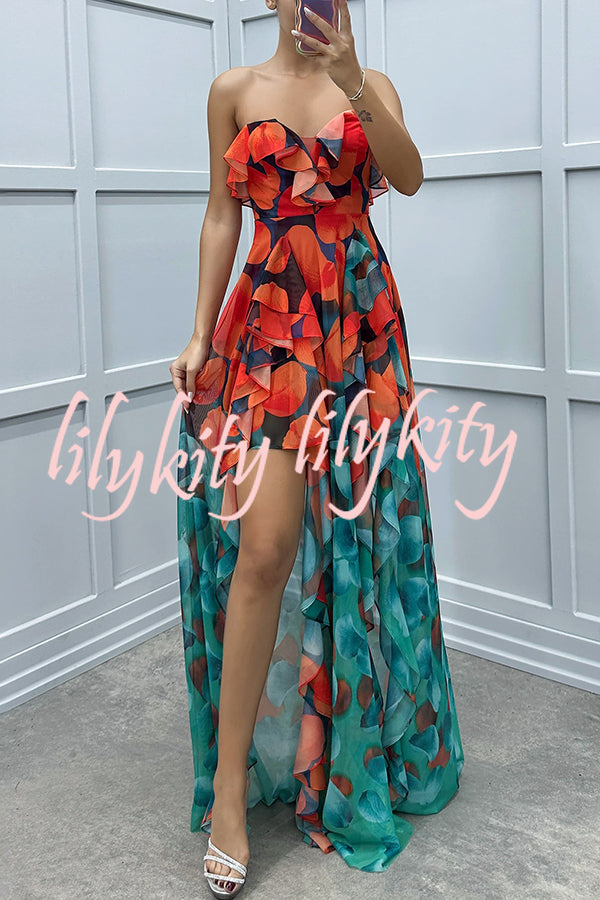 Loving Moment Gradient Unique Print Flowing Layered Ruffles Strapless Slit Maxi Dress