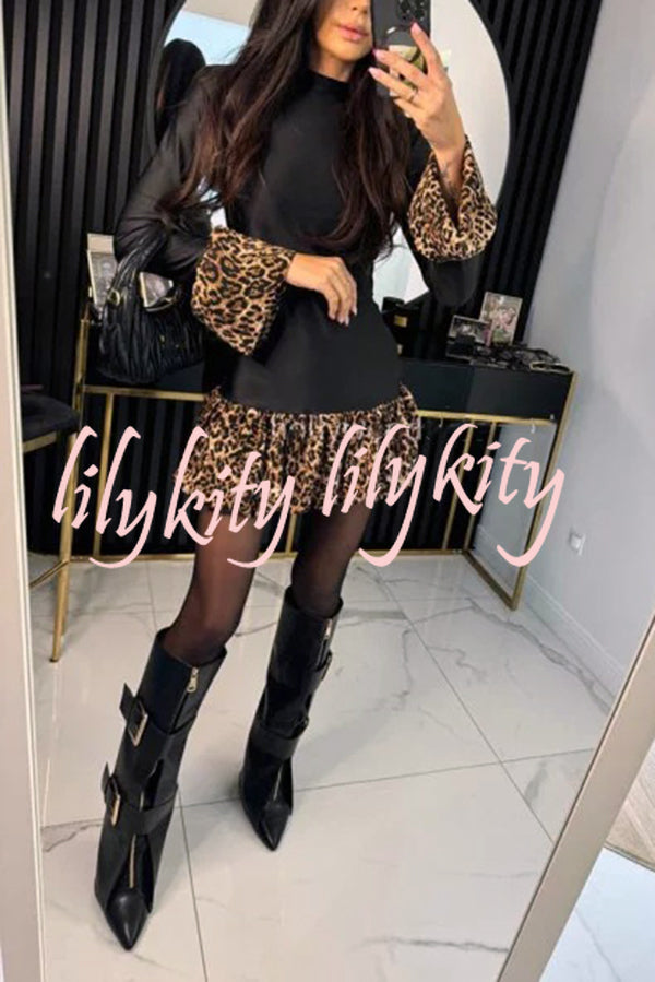 Fashionable Splicing Leopard Print Bell Sleeve Stretch Mini Dress