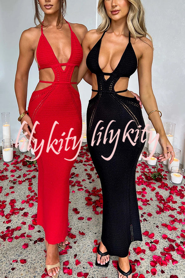 Effortlessly Cool and Sexy Knit Crochet Cutout Halter Tie-up Stretch Maxi Dress