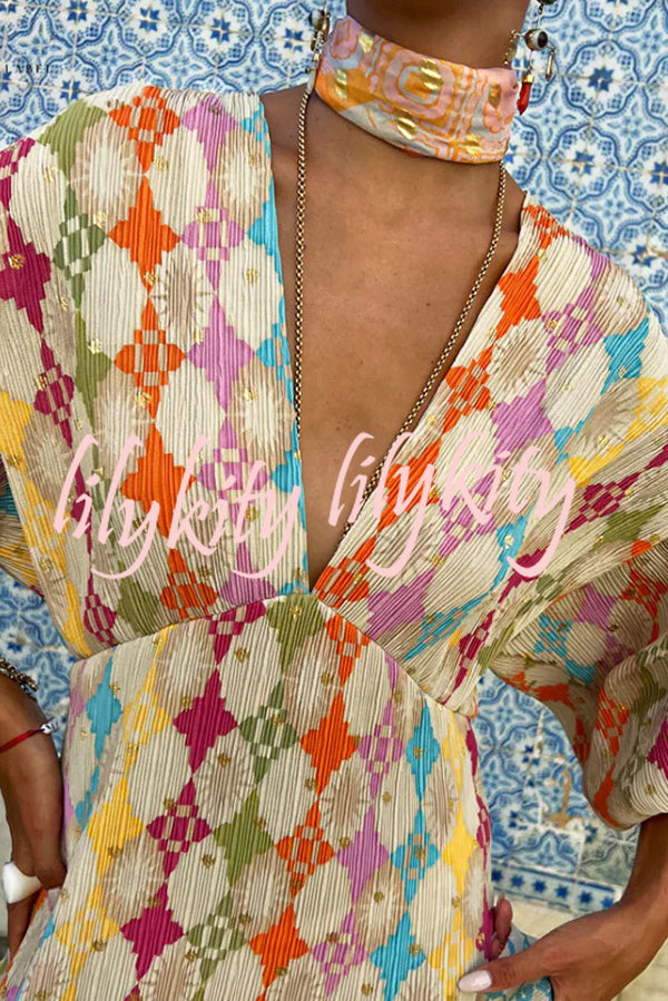 Gorgeous Sunshine Colorful Unique Print Kimono Puff Sleeve Midi Dress