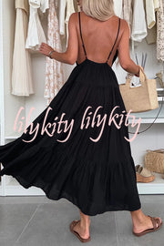 Bohemian Style V-neck Backless Slip Layered Vacation Maxi Dress