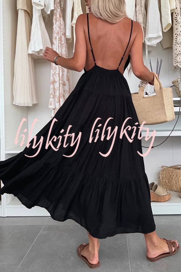 Bohemian Style V-neck Backless Slip Layered Vacation Maxi Dress