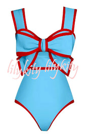 Bow Swimsuit and Elastic Waist Spotted One Piece Swimsuit + Skirt