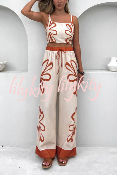 Floral Print Suspender Back Pleated Top and Elastic Waist Drawstring Pants Set