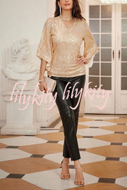 Solid Color Sequined V-neck Hollow Sleeve Slim Fit Top