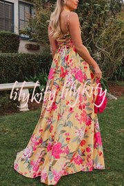 Garden Wedding Floral Print Back Tie-up Pocketed Slit Maxi Dress