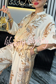 Unique Printed Casual Long-sleeved Loose Top and Elastic Waist Pocket Wide-leg Pants Set