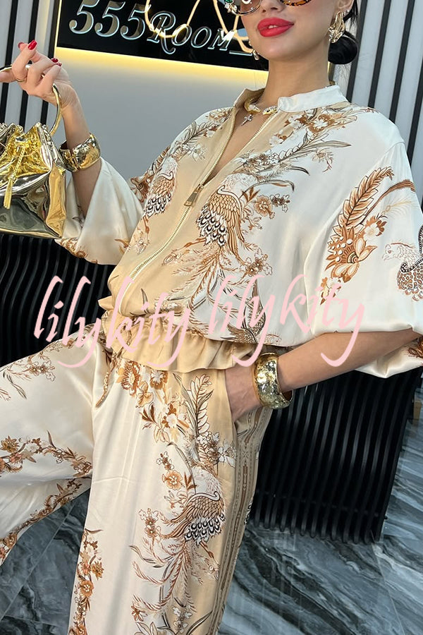 Unique Printed Casual Long-sleeved Loose Top and Elastic Waist Pocket Wide-leg Pants Set