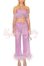 Music Carnival Glitter Stretch Fabric Feather Trim Tank and Elastic Waisted Flared Pants Set