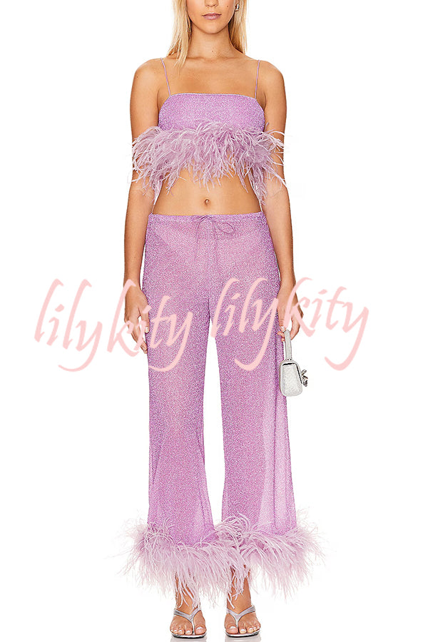 Music Carnival Glitter Stretch Fabric Feather Trim Tank and Elastic Waisted Flared Pants Set