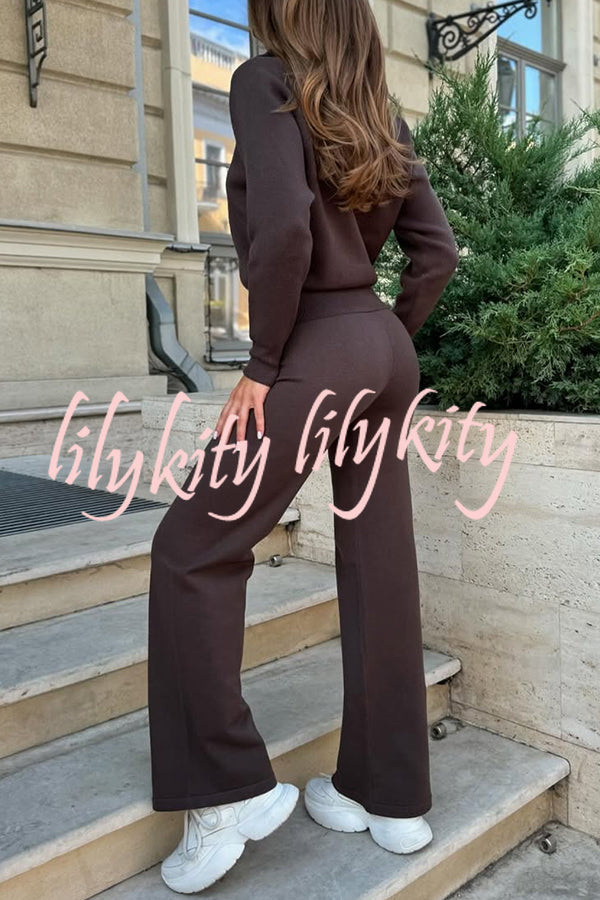 Cozycore Knit Zipper Long Sleeve Cardigan and Stretch Wide Leg Pants Set