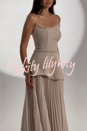 Capture The Moment Gem Trim Pleated Hem Strapless Maxi Dress