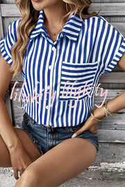 Striped Print Short Sleeve Pocket Shirt Top