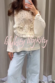 Fashionable Round Neck Tie Hollow Stitching Casual Shirt