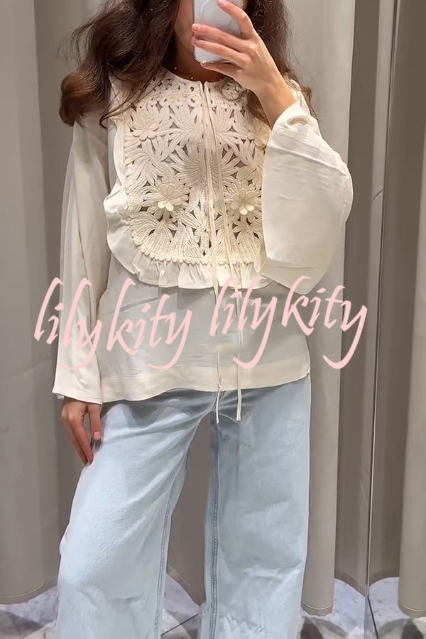 Fashionable Round Neck Tie Hollow Stitching Casual Shirt