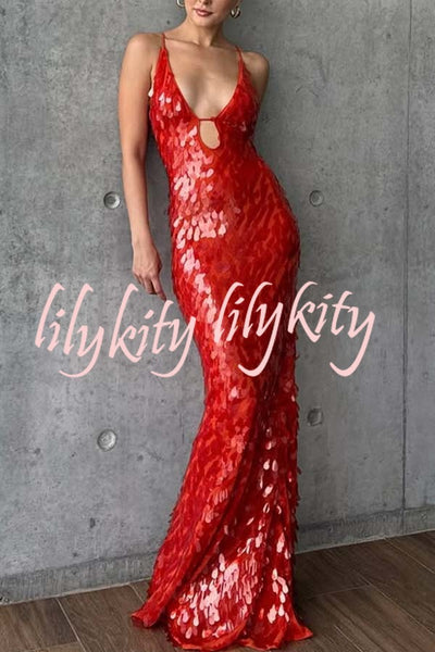 Reshape Beauty Fish Scale Sequin Cutout U-neck Slip Maxi Dress