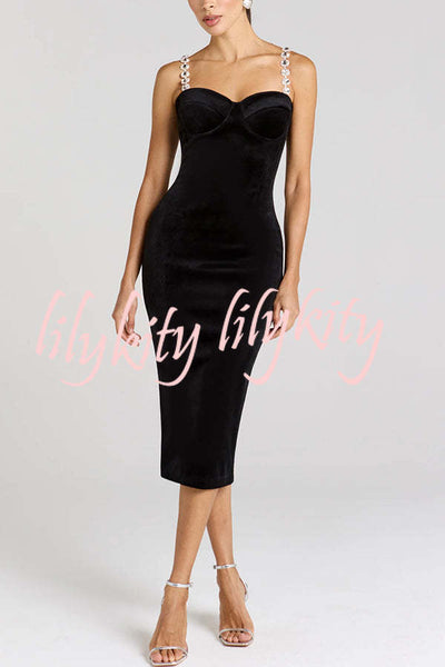 Harley Luxurious Velvet Fabric Jewel-embellished Shoulder Straps Midi Dress