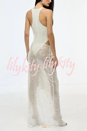 Fashion Sequin Sleeveless Fitted Rompers and Holiday Slit Maxi Skirt Set